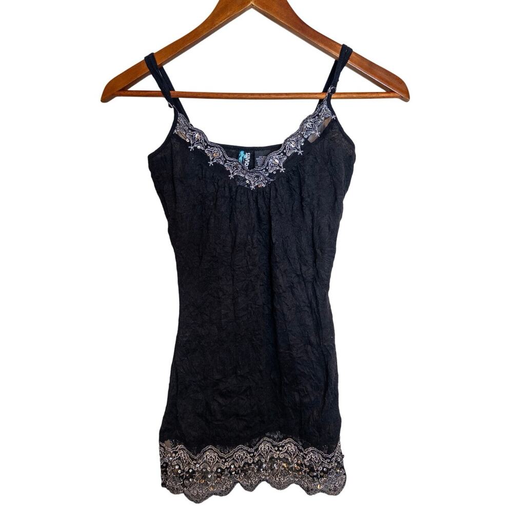 Vintage Y2K Weavers Crinkled Black Lace Sequin Accent Split Hem Cami Small - Picture 2 of 5